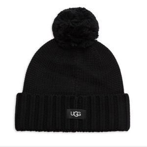 Ugg Pom-Pom Knit Cuffed Beanie Hat- Black